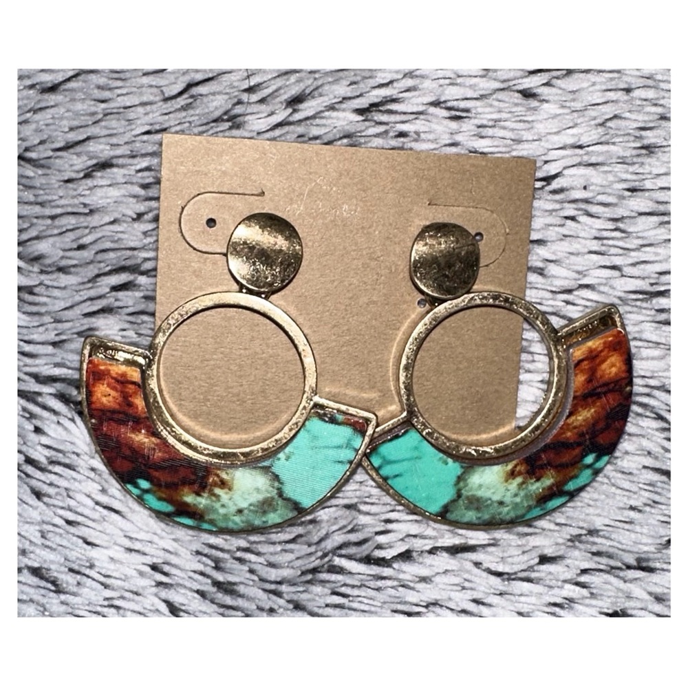 Multicolor Turquoise & Gold Wooden Earrings